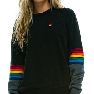 Aviator Nation Unisex Rainbow Stitch Sleeve Crew Sweatshirt - Black